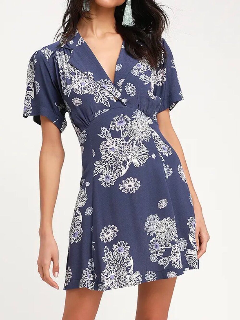 Free People Blue Hawaii Washed Blue Floral Print Short Sleeve Mini Dress - XS